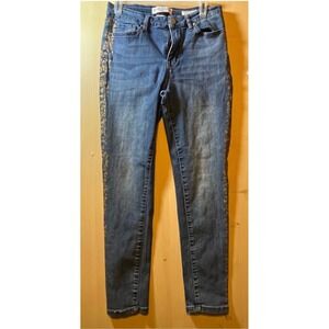 Mashed Potatoes Denim Ruby Lou Mid Rise Skinny Jeans Leopard Side Stripe Blue 13